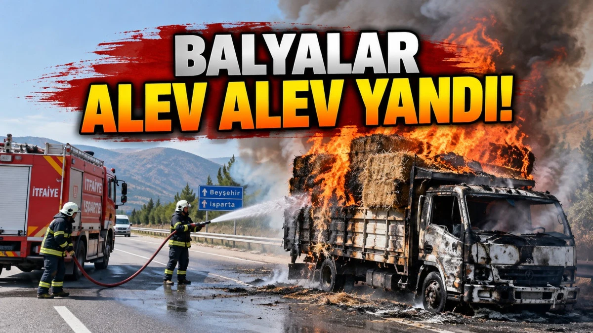 Kamyonetteki saman balyaları alevlere teslim oldu